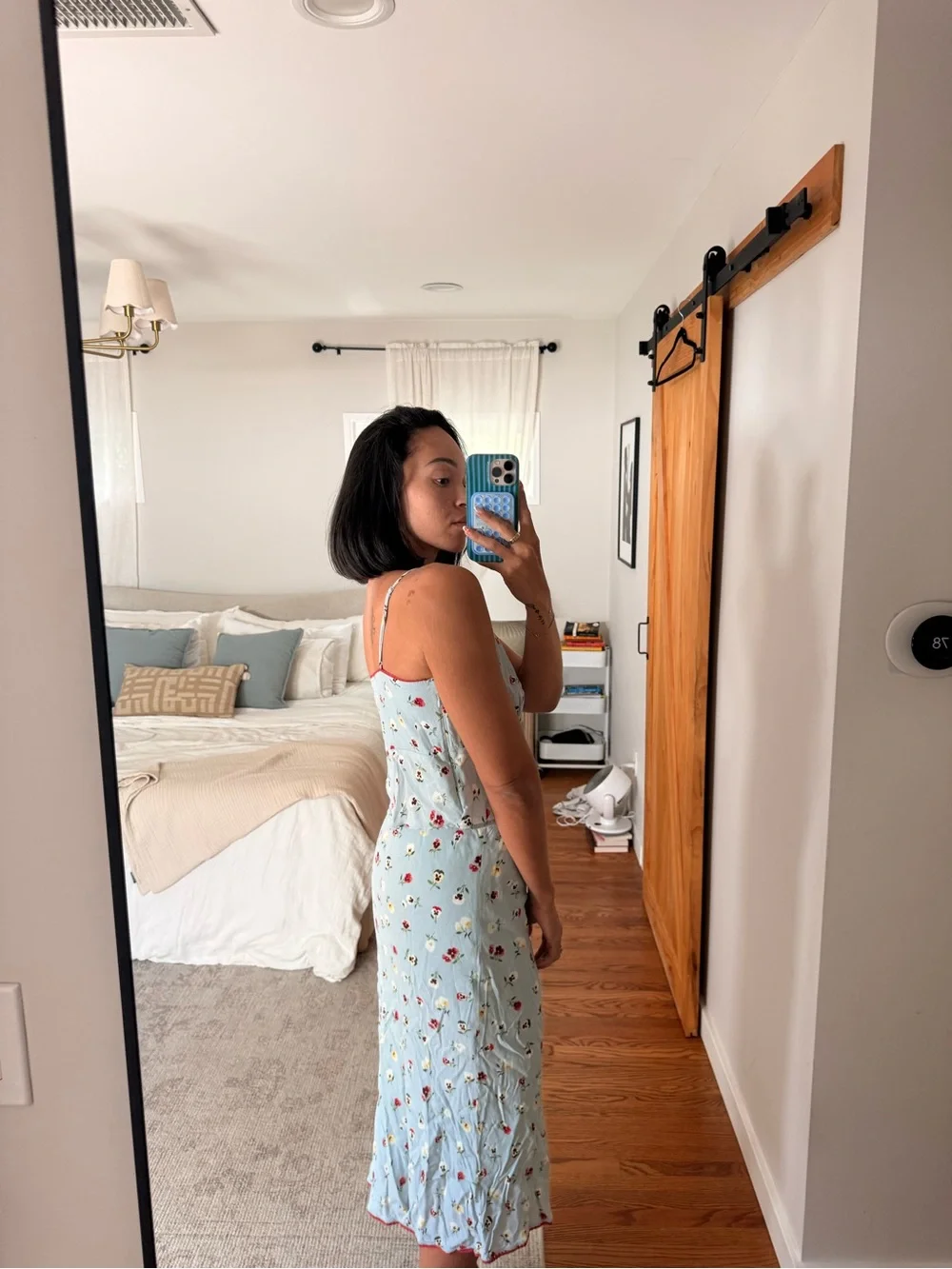 Light Blue Floral Midi Slip Top + Skirt with Red Trim from Gap x Doen